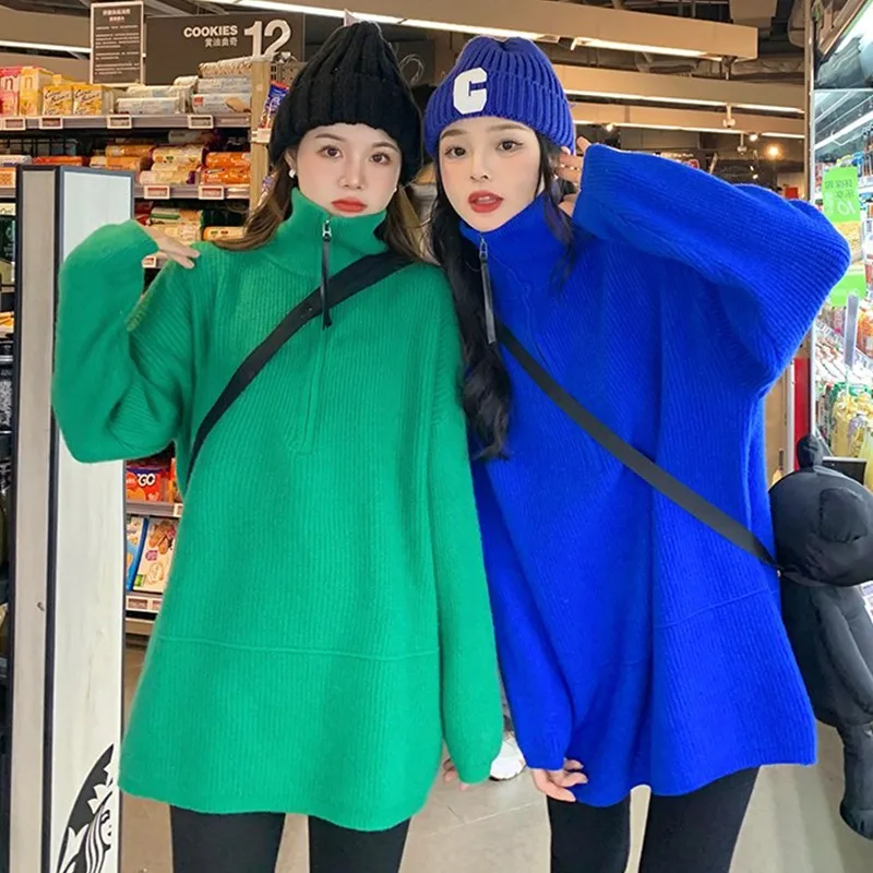 

Женская водолазка на молнии, Модные свободные женские свитера, однотонный зеленый синий пуловер с длинным рукавом, повседневный вязаный св...