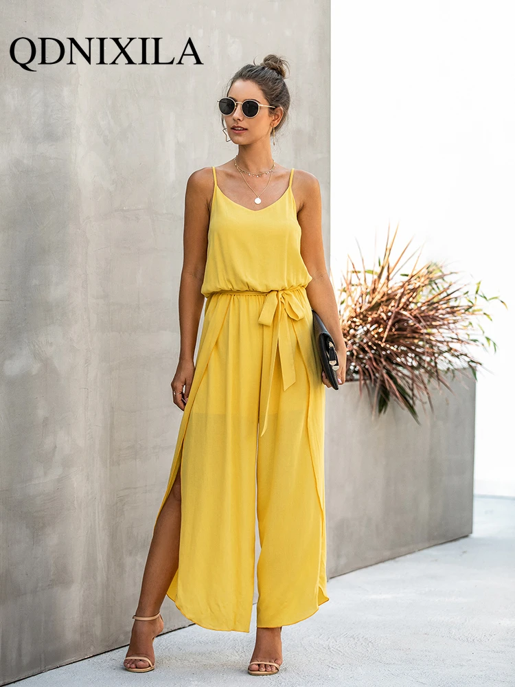 Женский комбинезон с открытой спиной летний широкими штанинами и Боковым