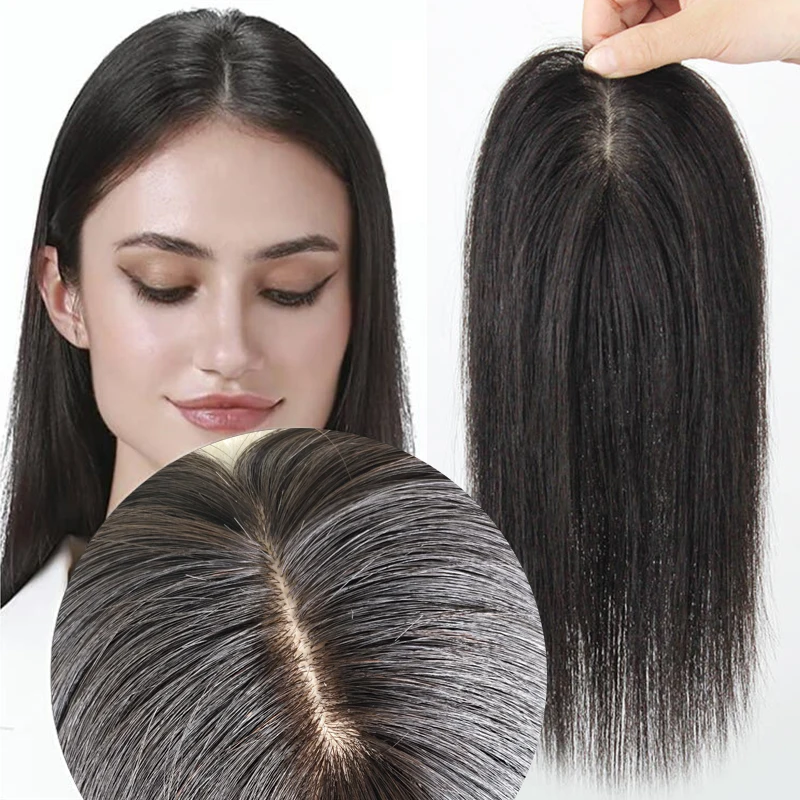 Real Human Hair Piece Silk Base Women Topper or Toupee Wiglet Top Thin Loss Hair 7x14 Natural Black 30cm