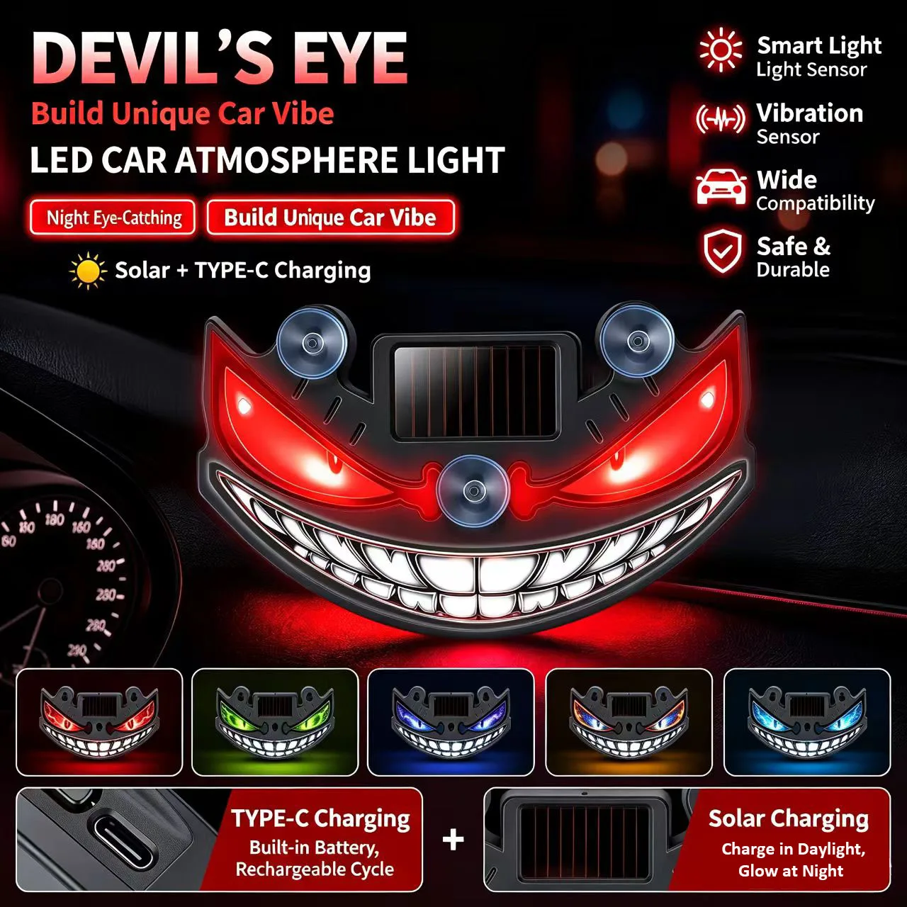 Фото Светодиодный автомобильный предупреждающий стробоскоп Devil's Face Sensor на солнечной энергии, многоцветный мигающий сигнальный фонарь безопасности на присоске для лобового стекла №1