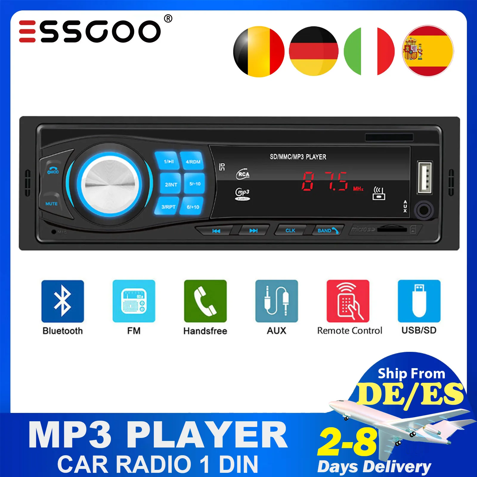

Автомагнитола ESSGOO, стерео-система с MP3-плеером, Bluetooth, FM-радио, USB/SD, AUX, зарядкой, Типоразмер 1 Din