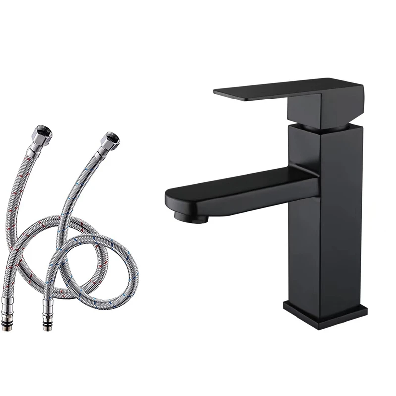 

Matte Black Single Handle Bathroom Sink Faucet, Stainless Steel Faucet For Bathroom Sink, With Water Supply Hoses