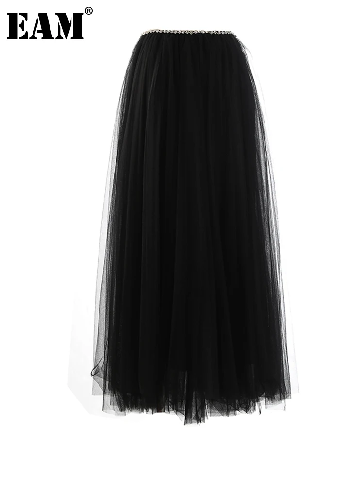 

[EAM] High Elastic Waist Light pink Rhinestones Long Mesh Holiday Half-body Skirt Women Fashion New Spring Autumn 2022 1DE87430