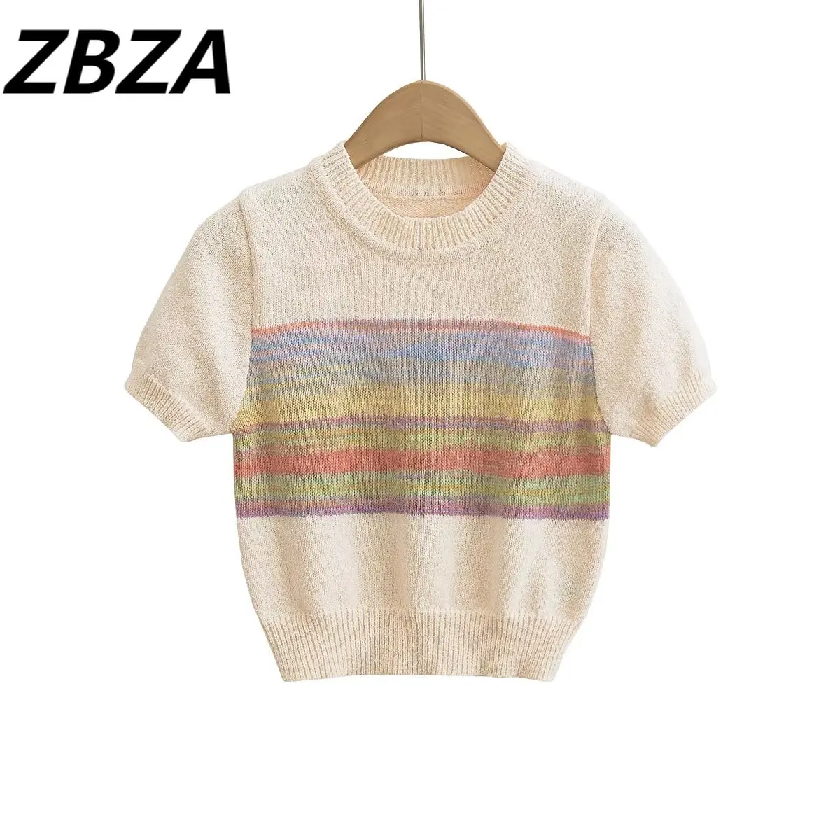 

ZBZA Women 2023 Fashion summer colour Striped round neck short sleeve knitwear Vintage short Female Pullovers Chic Tops