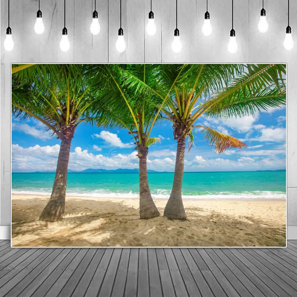 

Tropical Seaside Scenic Summer Holiday Party Photography Backgrounds Clouds Blue Sky Waves Beach Palm Tree Home Photo Backdrops