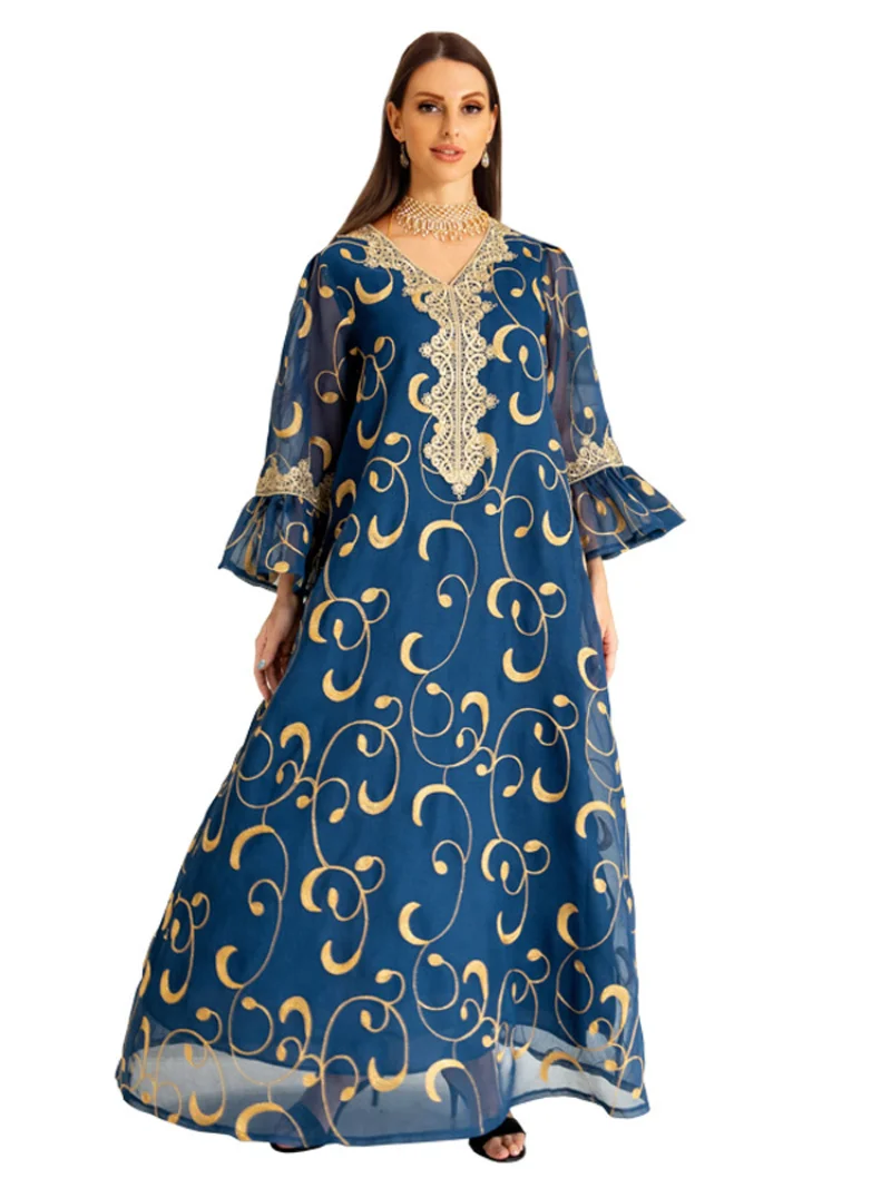 Abaya Muslim Long Dress Women Flare Sleeve Loose Robe Fashion Embroidery Elegant Islam Jalabiya Party Muslim Maxi Dress Vestidos