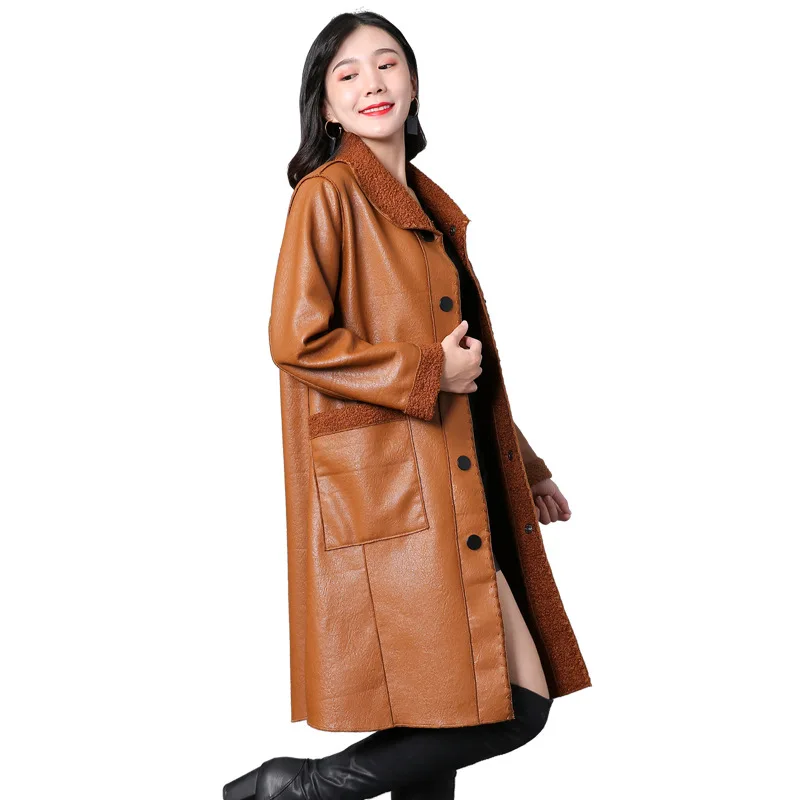 Autumn Winter Oversized Long Soft Faux Leather Coat Lambsw Collar Women Long Sleeve Buttons Elegant PU Jacket Female Clothing