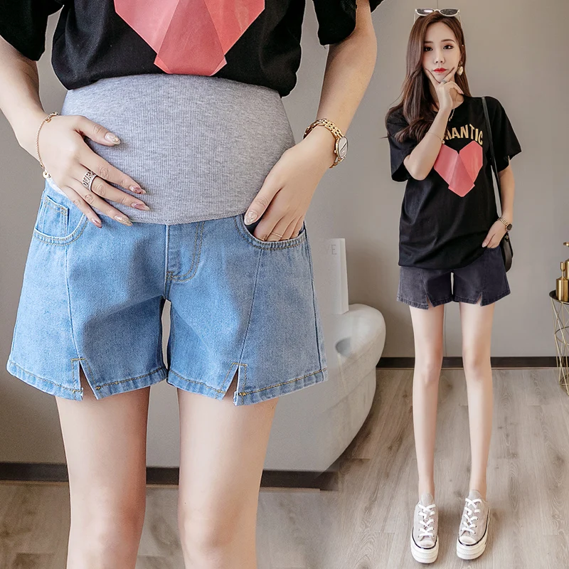 

800# Side Splits Denim Maternity Shorts Wide Leg Loose Straight Casual belly Shorts Clothes for Pregnant Women Hot Pregnancy