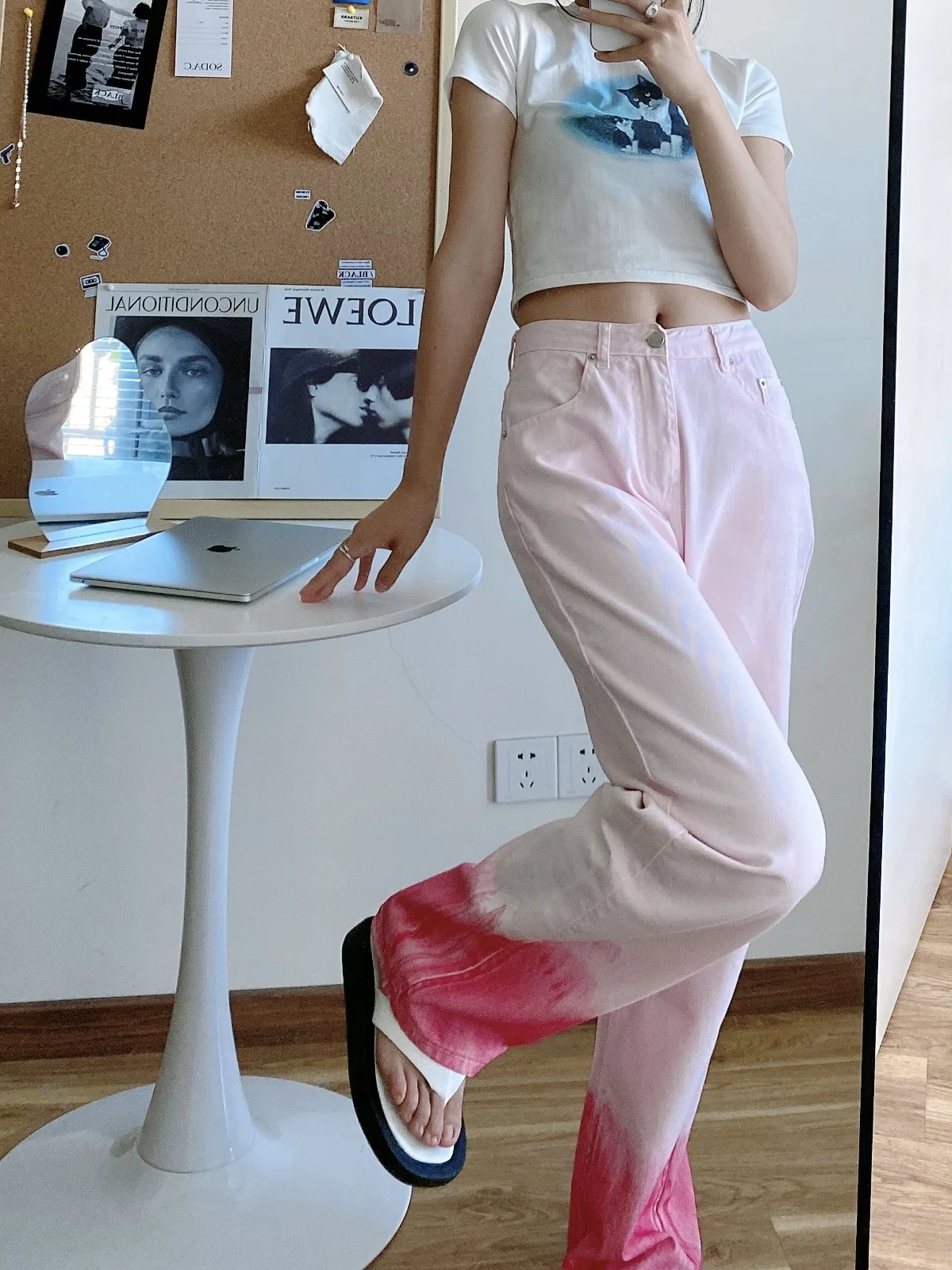 

Pink Gradient Woman Jeans Streetwear Vintage Harajuku Straight Pants High Waist Clothes Wide Leg Clothing Women's Denim Trousers
