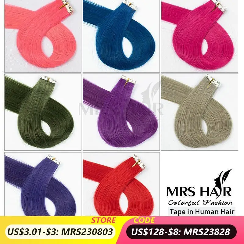 Ful Tape Ins Adding Highlights Tape In Human Hair Extensions Mini Tape In Extensions Pink Purple Double-side Adhesive 2g/pc