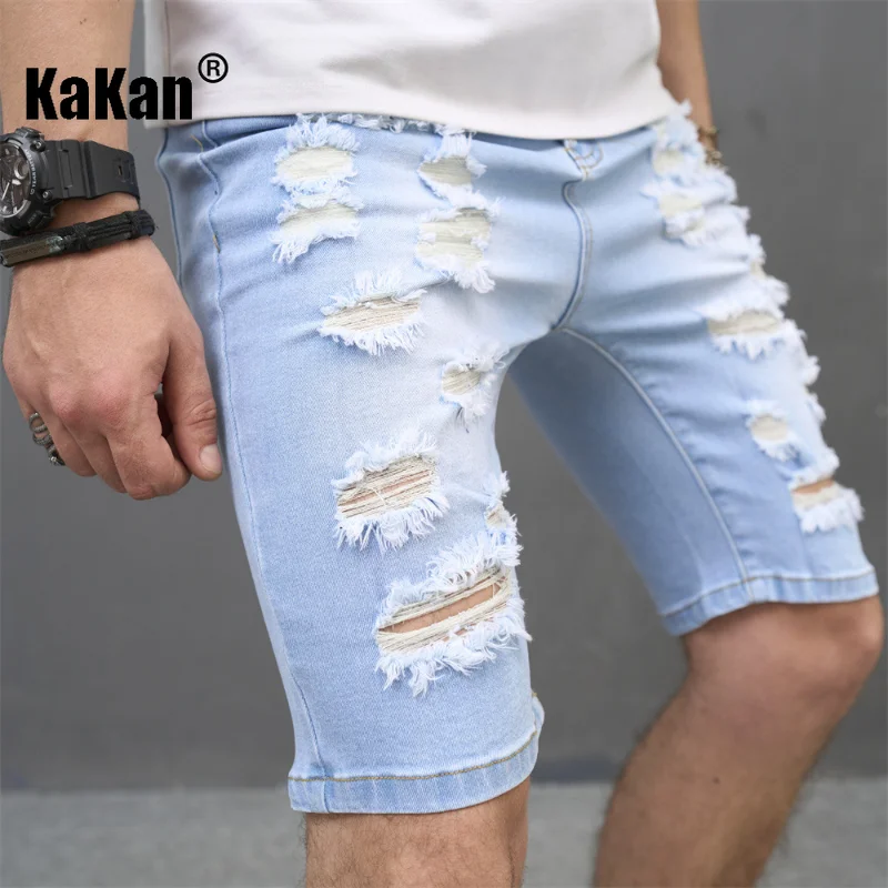 Kakan - European and American Summer New Distressed Stretch Tight Jeans for Men, Casual Light Colored Quarter Pants Jeans K9-635