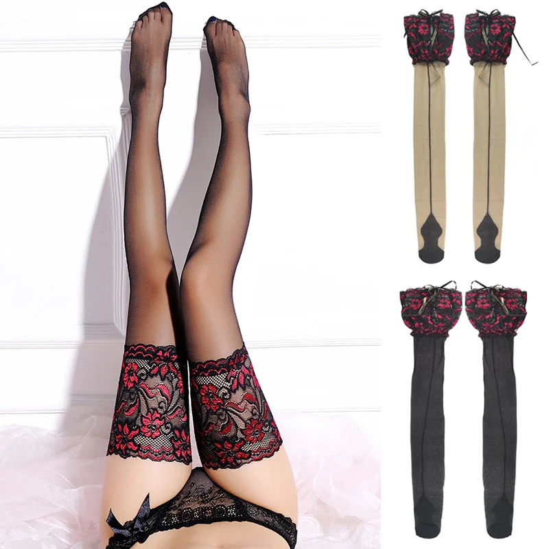 

Lace Flower Sexy Stockings Retro Heel Back Seam Over Knee High Stocking Women Non-slip Silicone Elastic Bandage Thigh Socks