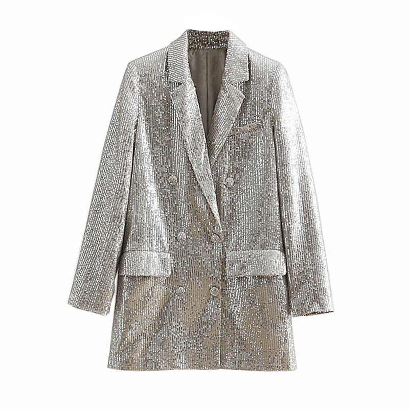 Women Pattern Sequined Blazer Feminino Glitter Casual Fashion Geometric Shiny Pockets Outerwear Vintage Female Long Sleeve Coats