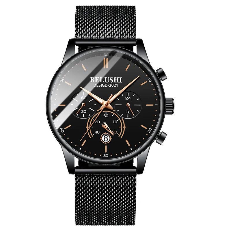 

Men Quartz Chronograph Rose Gold Dial Matte Stainless Steel Black Net Straps Fashion Watch