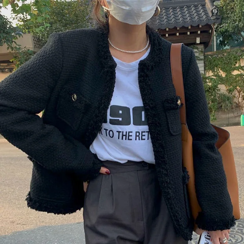 

Thicken Women Tweed Winter Short Jackets Woolen Blend Korean Outerwear Cotton Outwear Cardigan Coat Elegance