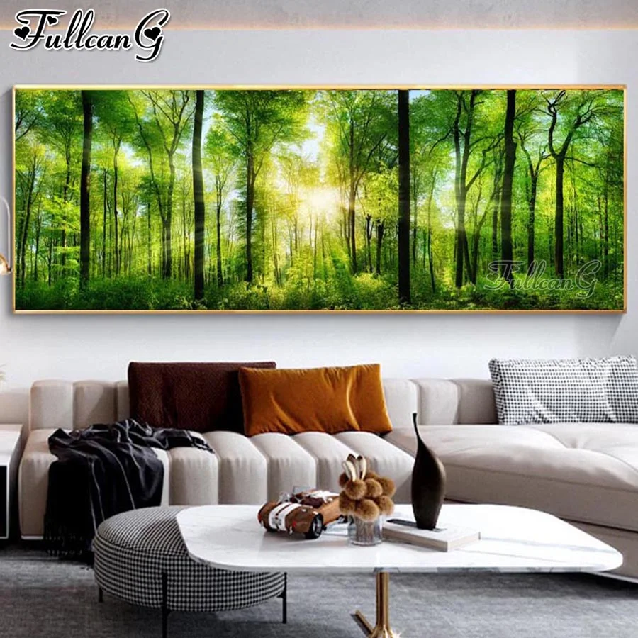 

FULLCANG sunny green woods large 5d diy diamond painting mosaic full rhinestone embroidery natural scenery home decor FG0818