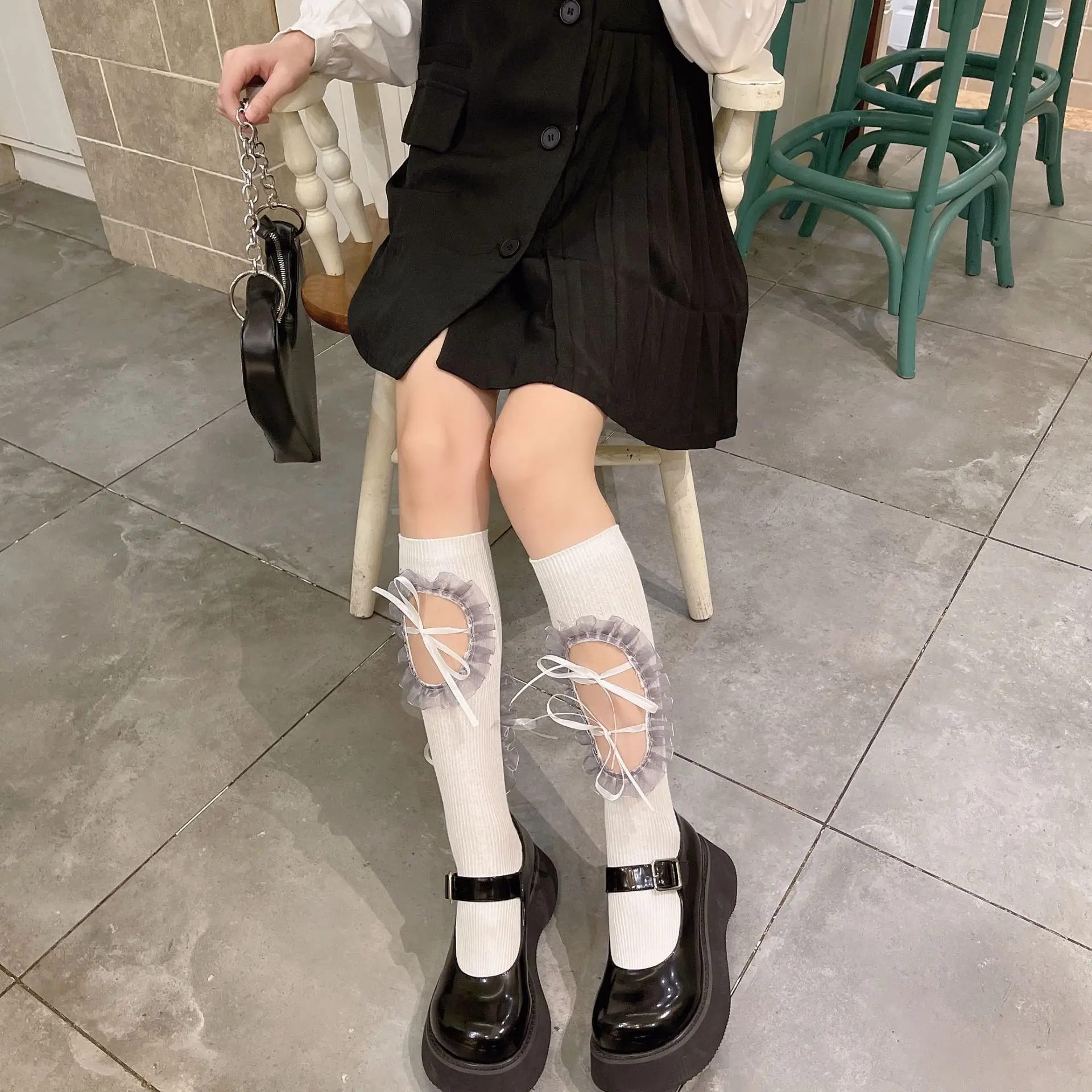 Lolita Sweet Japanese StyleLace Calf Hollow Heart DrawstringBlack and White Tube Socks For Women Kawaii Sexy Thin Stockings