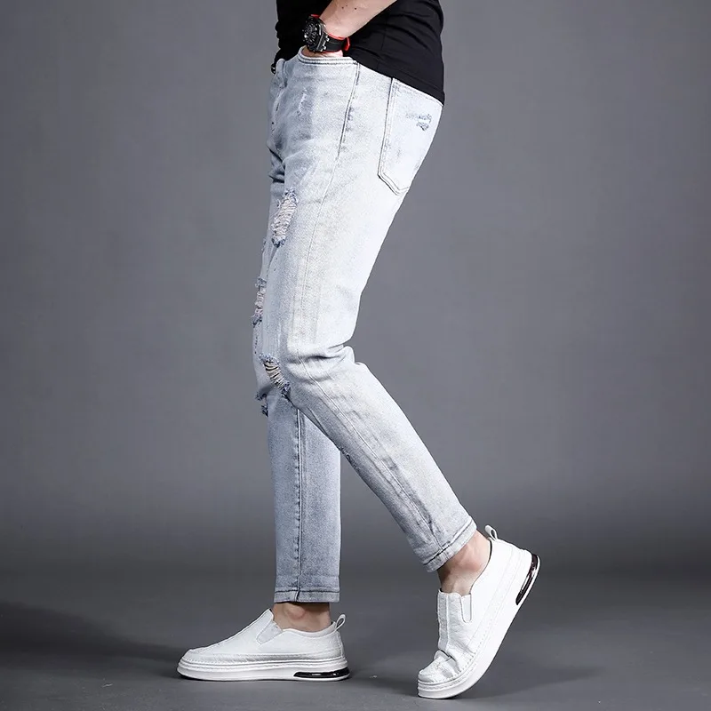 Summer Ripped Jeans Men Light Blue Ankle-Length Pants Streetwear Fashion Lightweight Slim Fit Denim Trousers