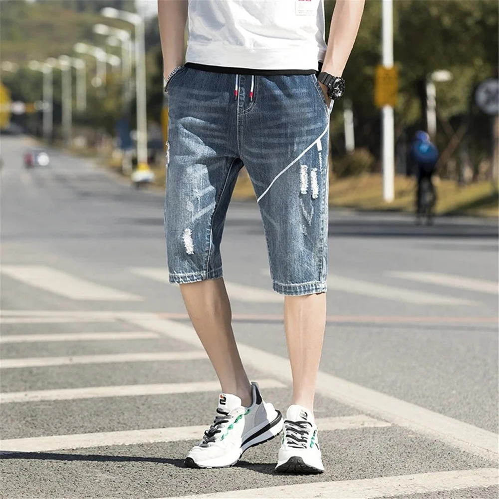 2022 Summer Men jeans Slim Denim Shorts Casual hole Fashion Loose Stretch All-Match Jeans Male High-End Brand Five-Point Pants