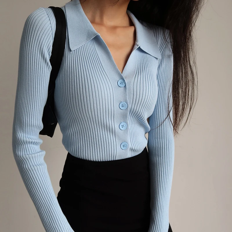 

New 2022 Spring Autumn Sweaters Knitting Top Women Cardigan Lapel Slimming Hollow Button Long Sleeve POLO Neck Cardigans Sweater