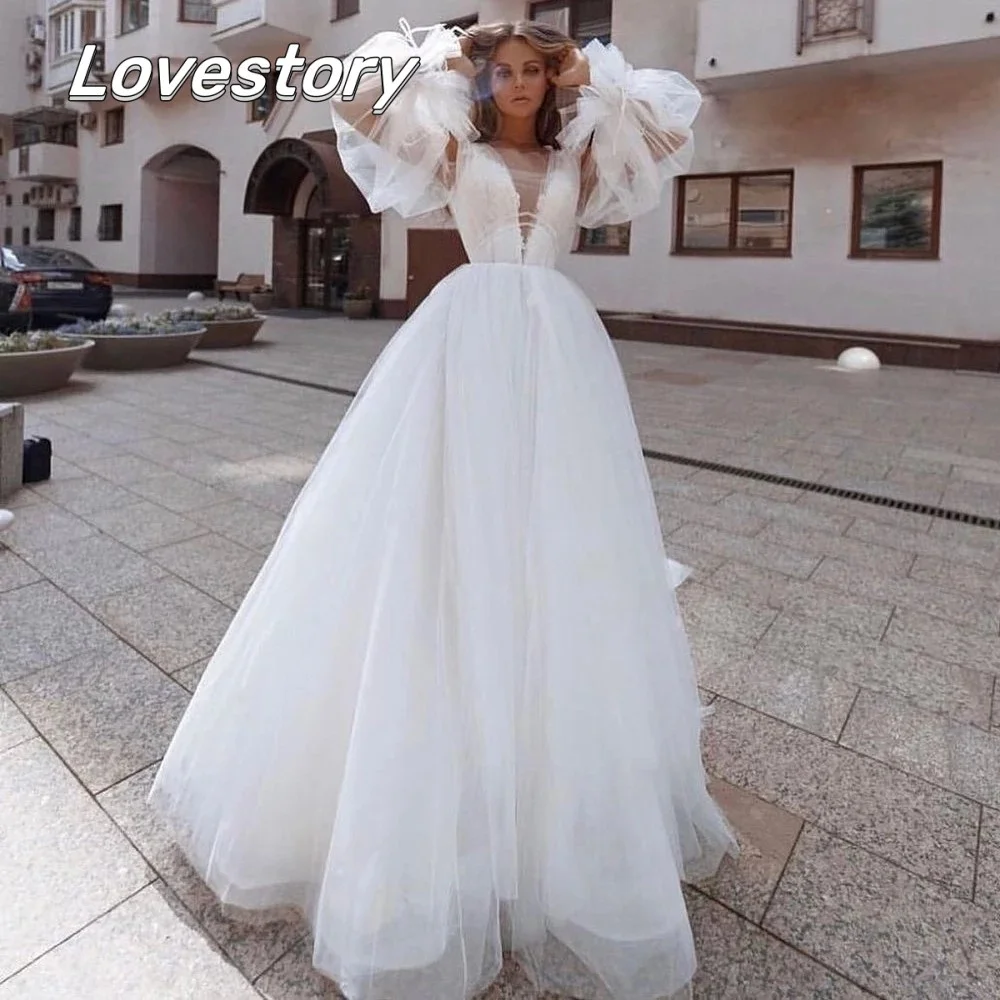 

Classic Tulle Wedding Dresses Puff Long Sleeves A Line Bride Robes V Neckline Backless Bridal Gowns Appliques Vestidos De Noiva