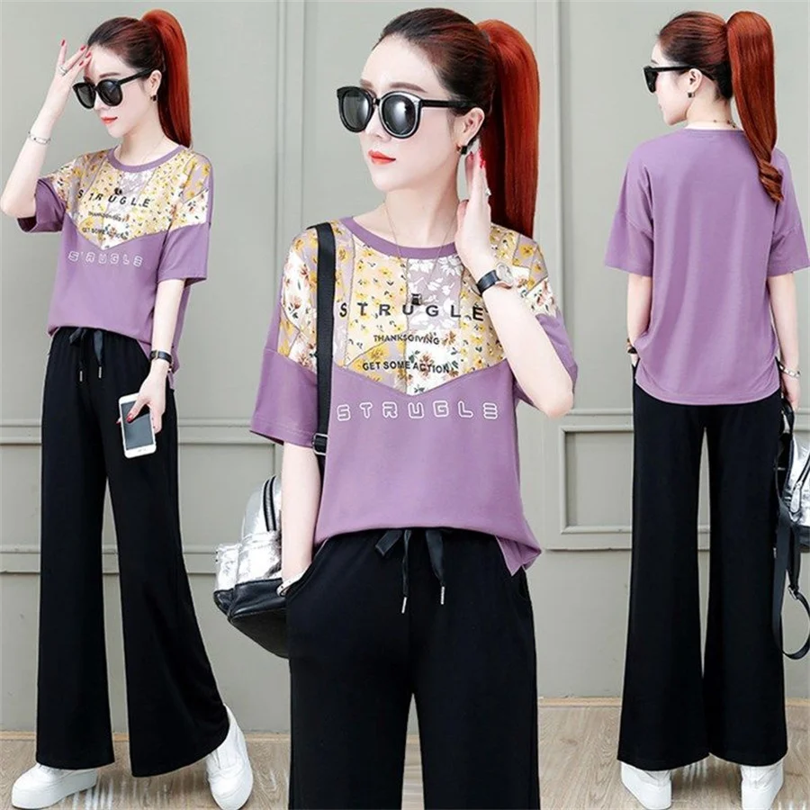 

2022 Summer New O-Neck T-Shirt Casual Elastic Waist Sports Pant Suit Female Loose 3XL Fashion Two-Piece Sets