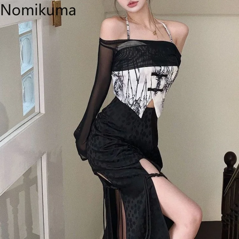 

Комплект из двух предметов Nomikuma, короткое газовое пальто с воротником-лодочкой и длинным рукавом + корсет с лямкой на шее в китайском стиле, ...