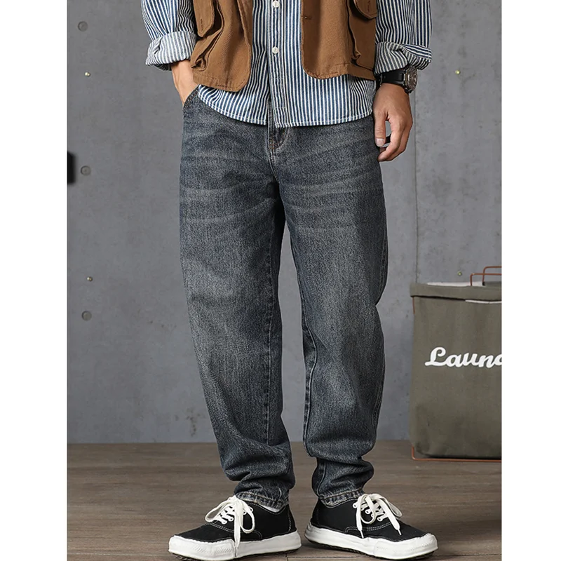 Streetwear Men Large Loose Broad Leg Navy Blue Jeans 2022 Autumn New Pattern Falling Feeling Mopping The Floor Trousers Female