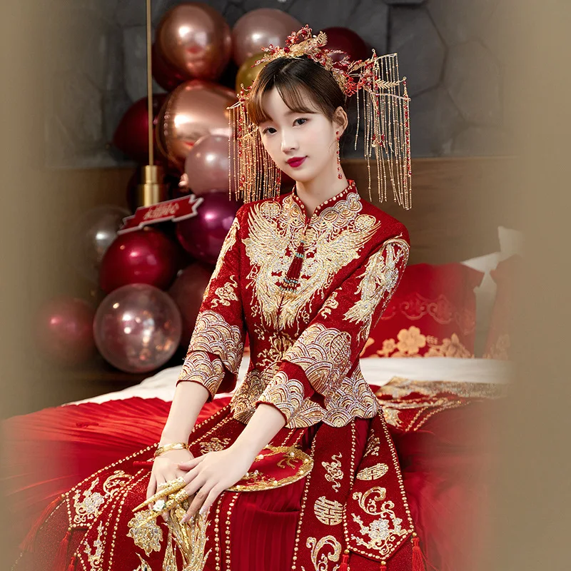Traditional Exquisite Party Gown Classic Phoenix Embroidery Bride Cheongsam Wedding Dress