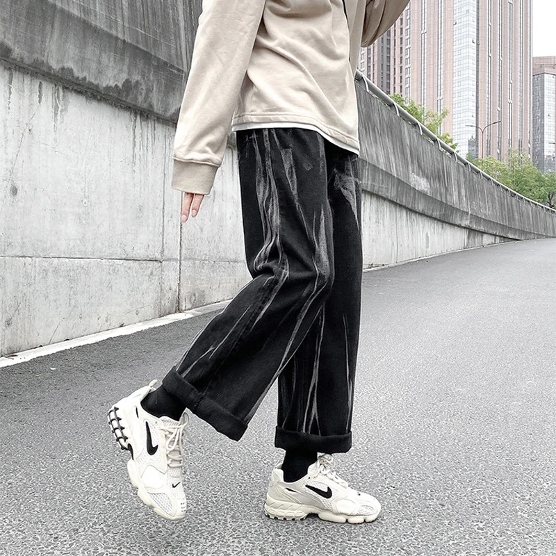 YIHANKE Men's Fashion Wide Leg Pants Baggy Homme Men Denim Trousers Classic Cargo Pocket Jeans Blue Men Casual Pants S-3XL