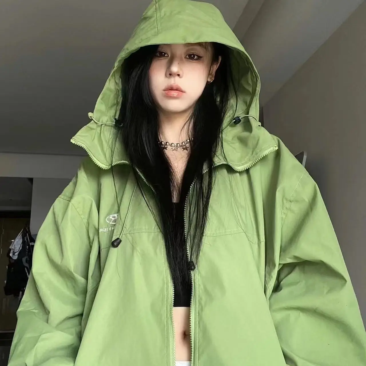 

New Hipster American Green Avocado Letter Outdoor Zipper Function Hooded Over Embroidery Jacket Charge Hooded Jacket