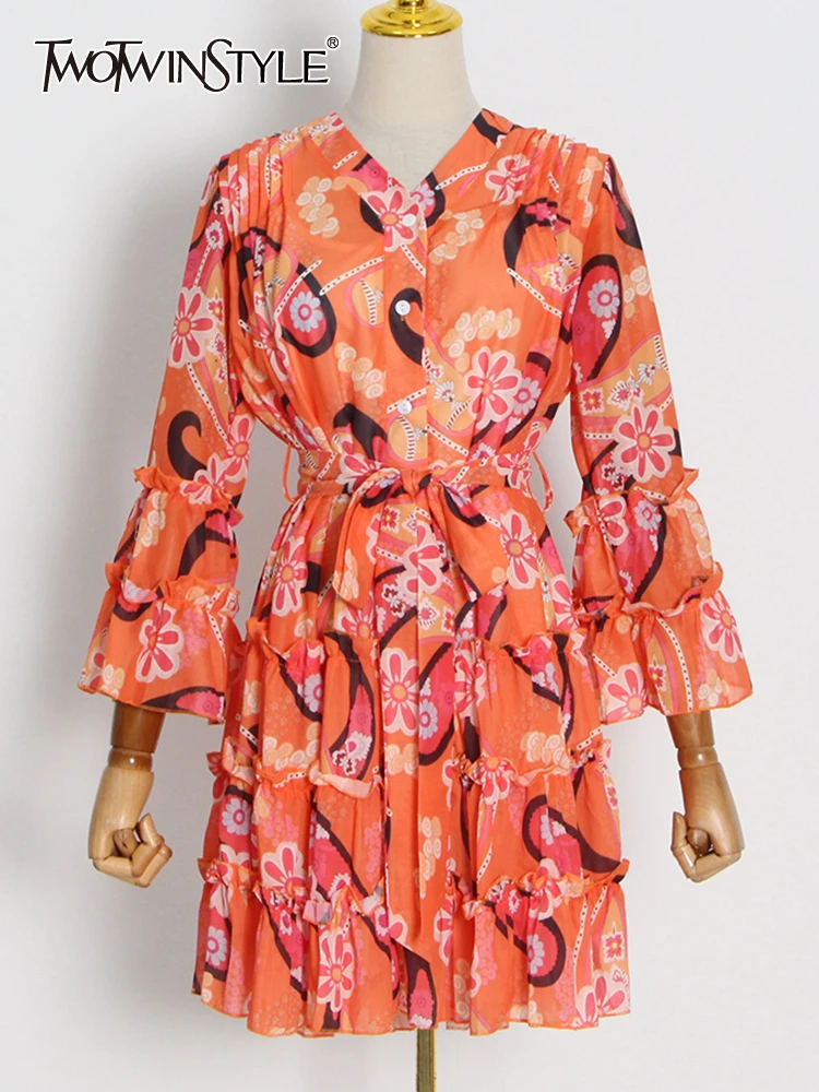 

TWOTWINSTYLE Print Colorblock Dress For Women V Neck Long Sleeve High Waist Loose Mini Dresses Female Summer Clothing Style New