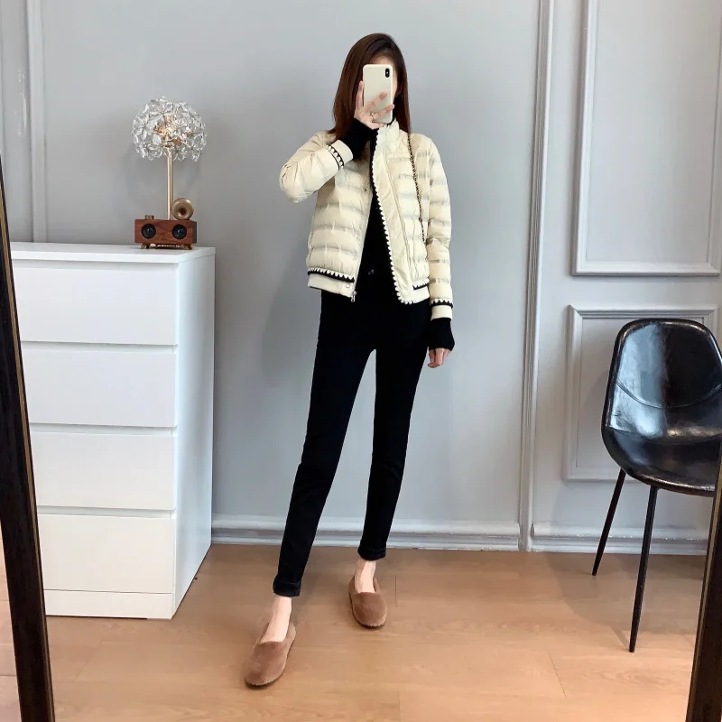 Thick Warm Snow Parkas Winter Female White Duck Down Coats Women Stand Collar Zipper Lace Solid Color Jackets Short Outerwear