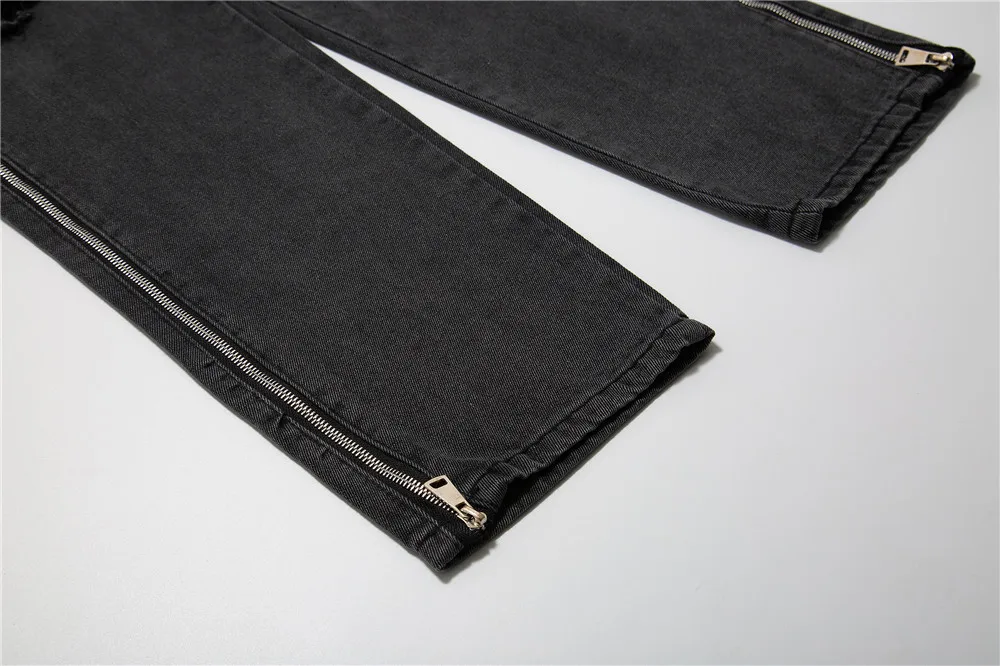 2022 New Streetwear Casual Hole Baggy Jeans Men's Korean Style Hip Hop Straight Side Zipper Trousers Couple Denim Pants Black