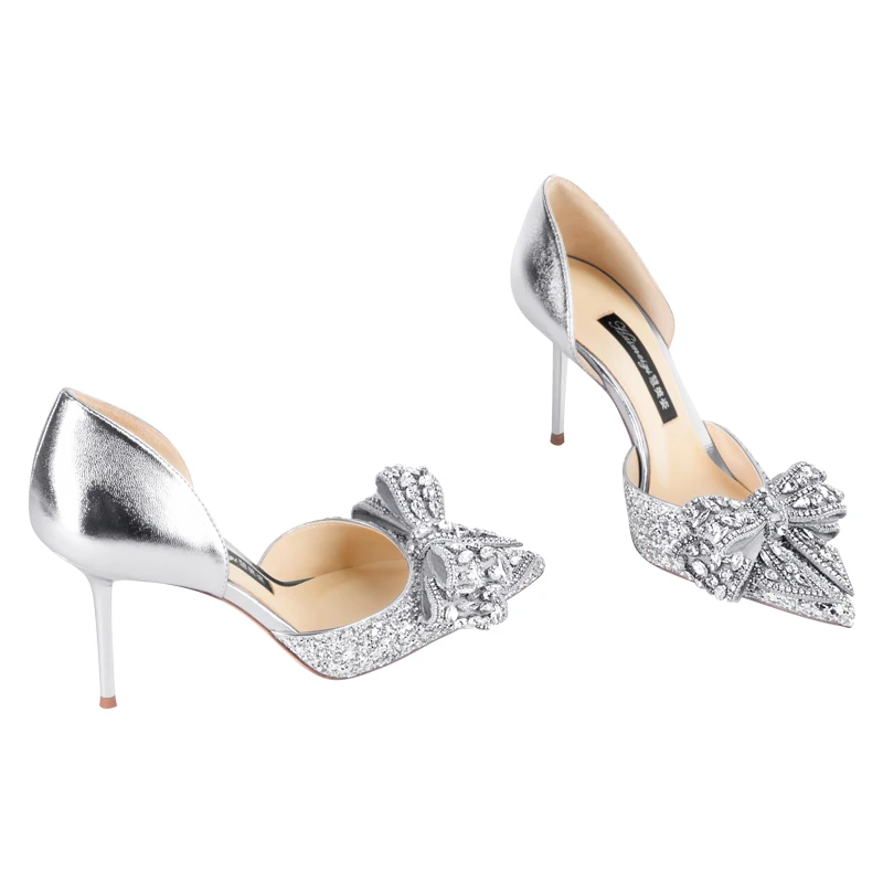 Spring And Summer New Women's High Heels High Quality Bow Tie Slim Pumps Sexy Party Women's Shoes Water Diamond Wedding Shoes
