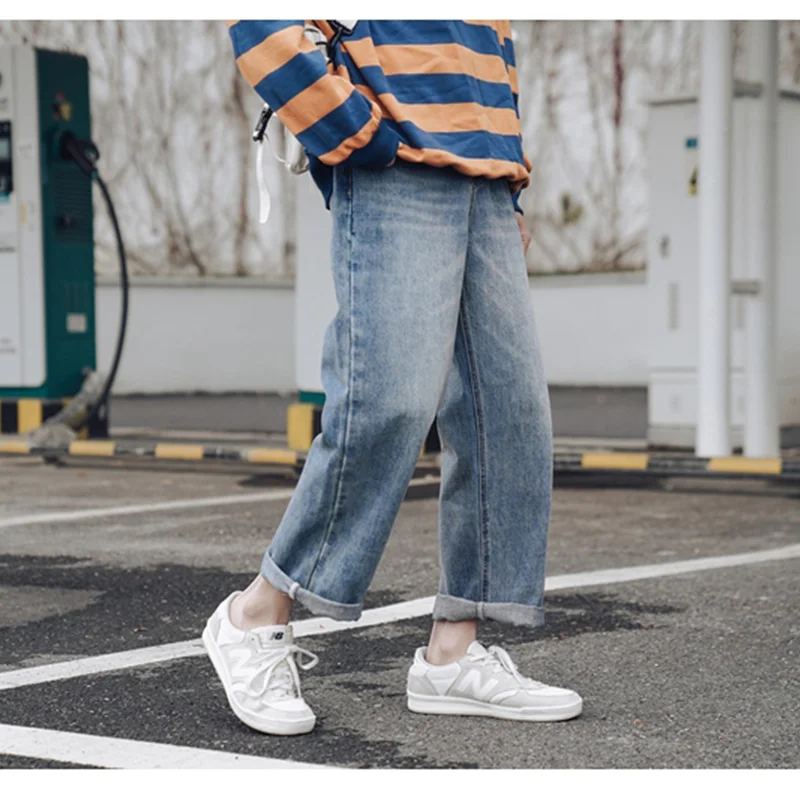 Men's Wear 2022 New Vintage Casual Nine Points Jeans Broad Leg Pants High Street Loose Straight Trousers Autumn and Winter Women