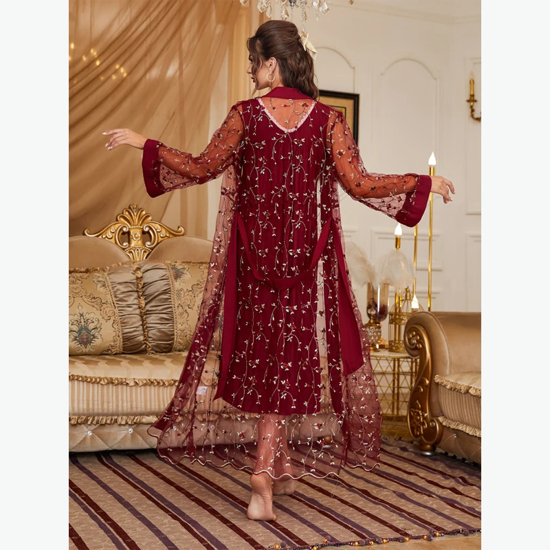 MAYMOLI Luxury Women Sleepwear Wine Red Golden Embroidery Robe & Nightdress Set Comfortable Palace Style Night Dress Homewear