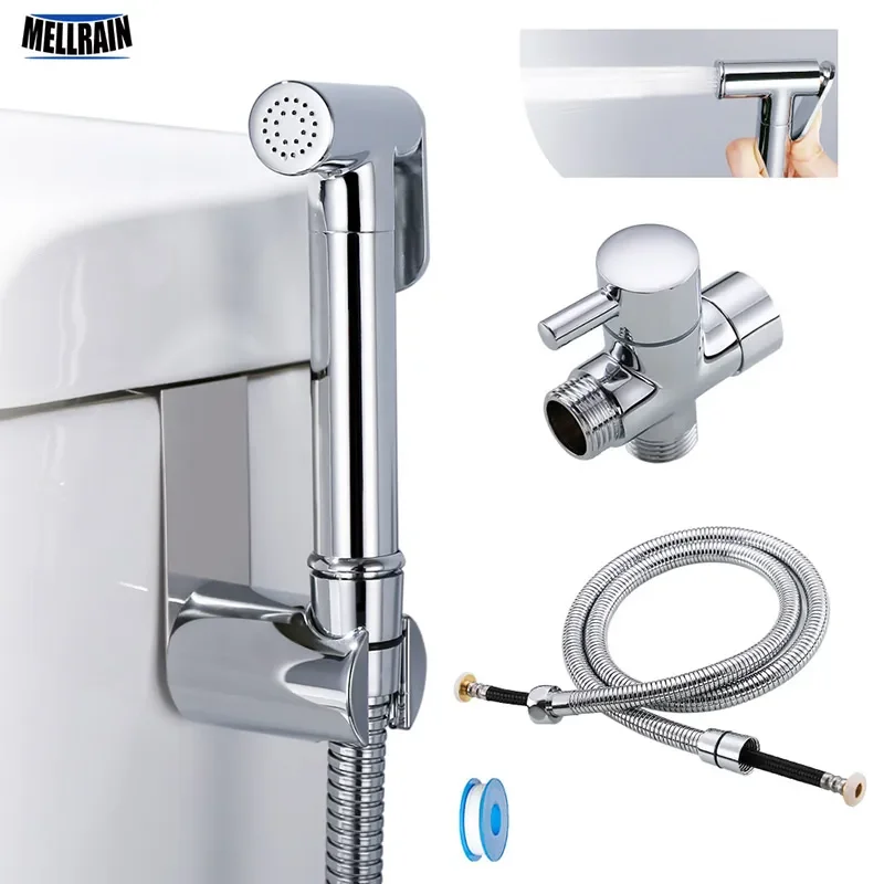 

2023 Toilet hand held bidet sprayer kit brass chrome plated bathroom bidet faucet spray shower head with hose & T-adapter &a