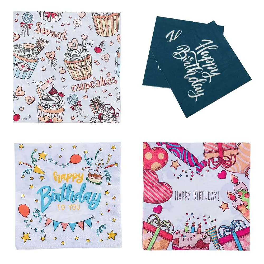 

33cm 10/20pcs Happy Birthday Series Servilletas Decoupage Party Decor Napkins Paper Cupcakes Birthday Cake Pattern Table Tissues