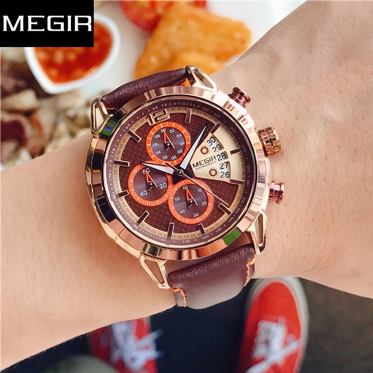

Часы MEGIR Мужские кварцевые с хронографом, креативные модные спортивные армейские, в стиле милитари, с кожаным ремешком, с датой