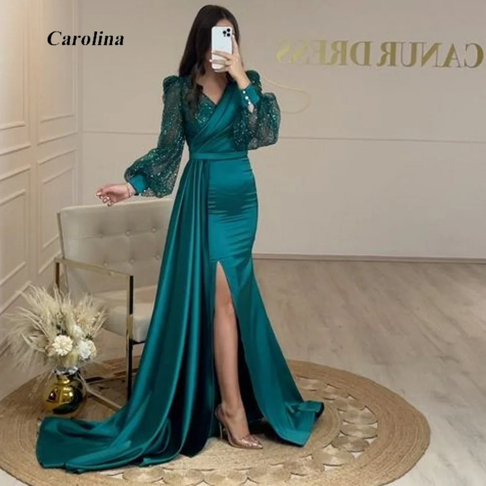 

V-Neck Sparkly Satin Vintage Prom Gown Mermaid Puffy Sleeves Slit Occasion Dress Robe De Soirée Women Ruched Evening Party Dress