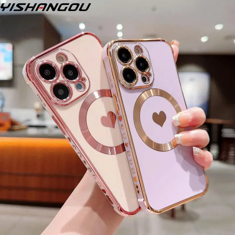 

Love Heart For MagSafe Charging Case For iPhone 14 Pro Max 13 12 Pro 11 14 Plus 13 ShockProof Luxury Plating Phone Cover Coque