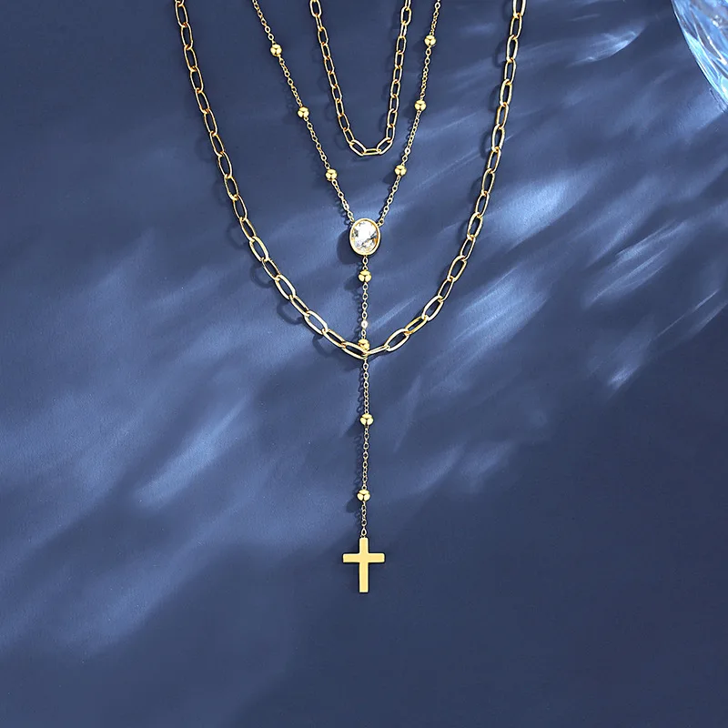 

Gold Multi-Layer Women's Necklace Cross Pendant Stainless Steel Link Necklaces for Festival Girls Gift