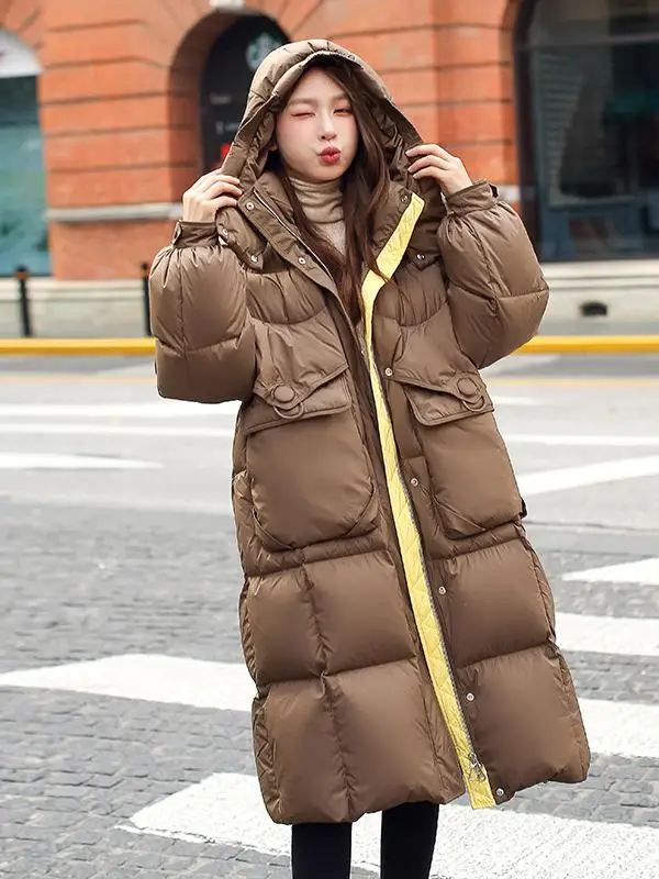 20 00 кг Очень большой модный пуховик выше колена для женщин зима 200 пухлая девушка