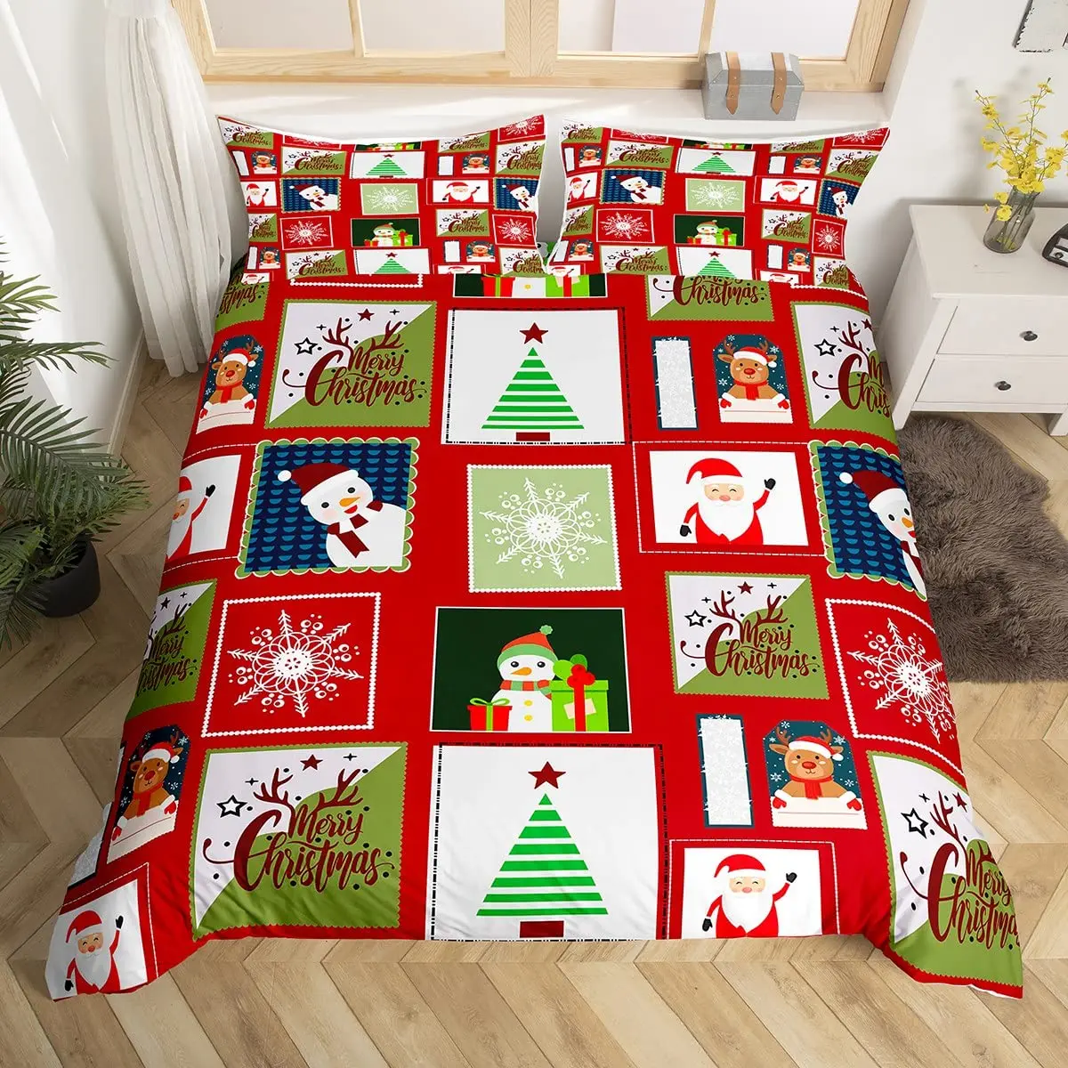 

Рождественский королевский комплект постельного белья с пододеяльником, Санта-Клаусом, снеговиком, красное зеленое клетчатое стеганое оде...