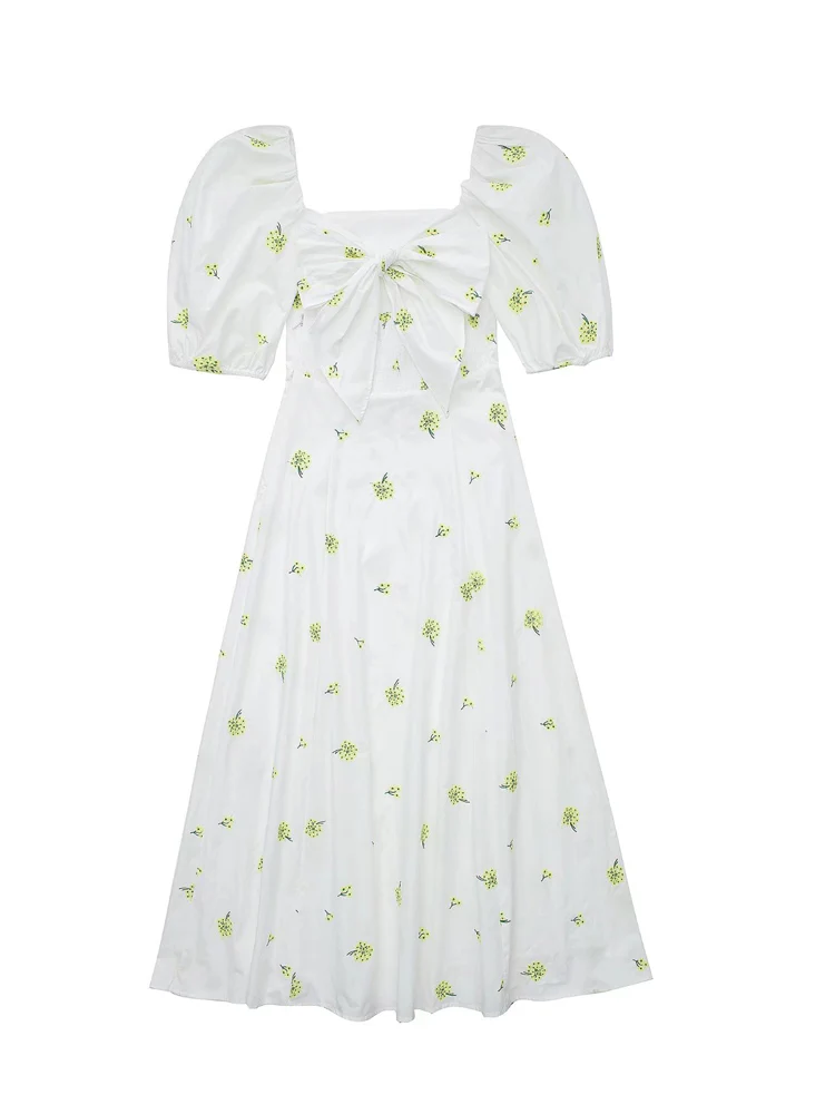 

2022 Summer Women Vintage Dress Floral Embroidery Short Sleeve Bow Tie Female Elegant Sweet Poplin Dresses Clothing