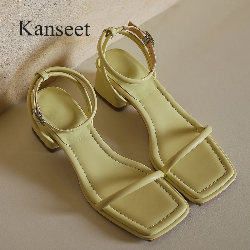 

Kanseet Shoes New Open-Toed Women Sandals Summer 2022 Concise Narrow Band Handmade Party Dress Mid Heels Lady Footwear Yellow 40