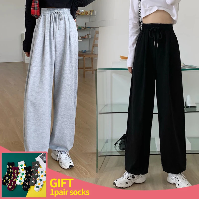 

2022 New Women Loose Wide Leg Sweatpants Solid Oversize Trousers Soft High Waist Pants Korean Streetwear Casual Baggy Joggers