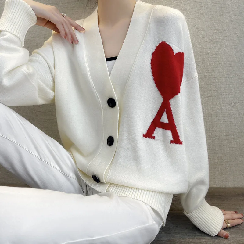 

Richkeda Store Men And Women Red Heart Love Letter A Knitted Cardigan Loose Long-Sleeved Sweater V-Neck Coat Unisex Jackets
