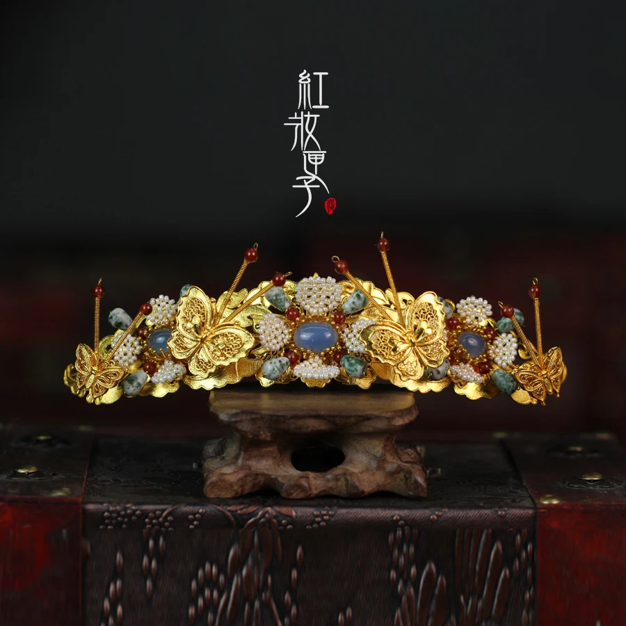 Chinese Traditional Cheongsam Accessories Jewelry Agate Retro Butterfly Gold-plated Wreath Hair Crown Headdress Hanfu Jewelry